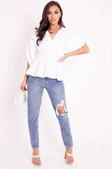 White Ruched Waist Plunge Neckline Kimono Sleeve Shirt - Eilene