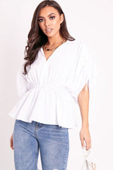 White Ruched Waist Plunge Neckline Kimono Sleeve Shirt - Eilene