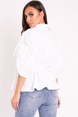 White Ruched Waist Plunge Neckline Kimono Sleeve Shirt - Eilene