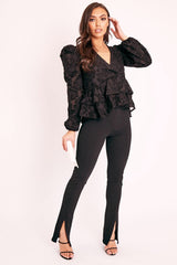 Black Plunge Neck Peplum Textured Blouse - Aagna