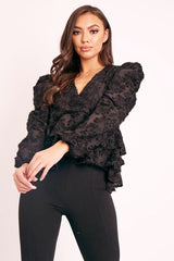 Black Plunge Neck Peplum Textured Blouse - Aagna