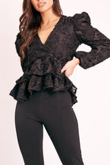 Black Plunge Neck Peplum Textured Blouse - Aagna