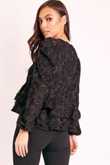 Black Plunge Neck Peplum Textured Blouse - Aagna