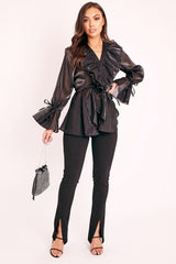 Black Organza Ruffle Wrap Blouse - Gabrielle