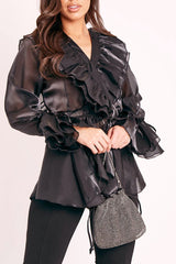Black Organza Ruffle Wrap Blouse - Gabrielle
