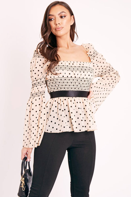 Nude Polka Mesh Shirred Fabric Top - Evarose