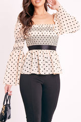 Nude Polka Mesh Shirred Fabric Top - Evarose