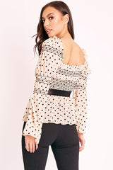 Nude Polka Mesh Shirred Fabric Top - Evarose