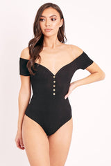 Black Ribbed Button Front Cap Sleeve Bodysuit - Billie