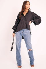 Black Ruched Sleeve Collarless Shirt - Sarah