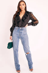 Black Lace Frill Covered Button Up Shirt - Priscila