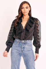 Black Lace Frill Covered Button Up Shirt - Priscila