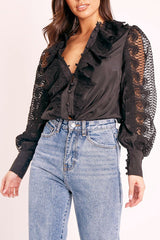 Black Lace Frill Covered Button Up Shirt - Priscila