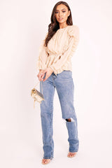 Beige Ruffle Belted Waist Metallic Finish Blouse - Betsey