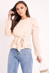 Beige Ruffle Belted Waist Metallic Finish Blouse - Betsey