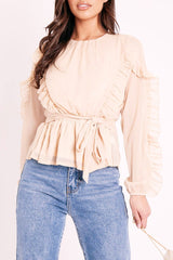 Beige Ruffle Belted Waist Metallic Finish Blouse - Betsey