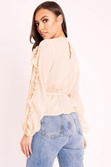 Beige Ruffle Belted Waist Metallic Finish Blouse - Betsey