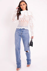 White Mesh Embroidery Design Bow Neck Blouse - Jackson