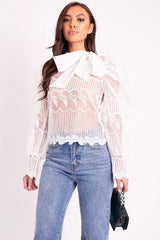 White Mesh Embroidery Design Bow Neck Blouse - Jackson