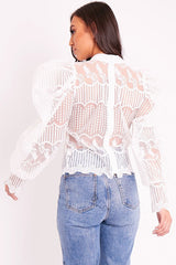 White Mesh Embroidery Design Bow Neck Blouse - Jackson