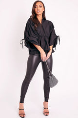 Black Ruched Waist Plunge Neckline Kimono Sleeve Shirt - Eilene