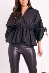 Black Ruched Waist Plunge Neckline Kimono Sleeve Shirt - Eilene
