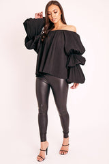 Black Plisse Fabric Structured Sleeve Blouse - Loraina