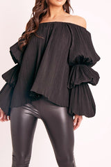 Black Plisse Fabric Structured Sleeve Blouse - Loraina