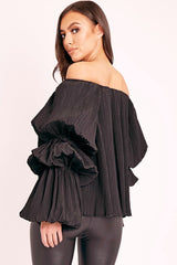 Black Plisse Fabric Structured Sleeve Blouse - Loraina