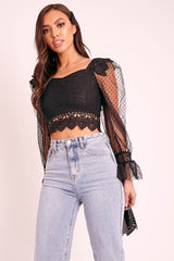 Black Lace Body Polka Mesh Sleeve Crop Top - Linsey