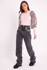 Pink Leopard Mesh Sleeve Ribbed Top - Fiora