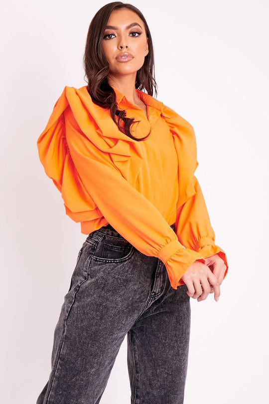 Orange Full Length Ruffle Sleeve Shirt - Keisha