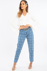 White Ruched Tie Frill Detail Long Sleeved Top - Saphyra