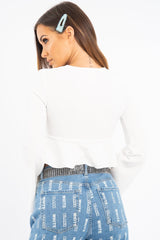 White Ruched Tie Frill Detail Long Sleeved Top - Saphyra