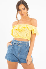Yellow Broderie Lace Bardot Crop Top - Jaidy