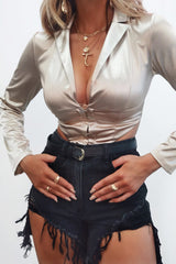 Gold Satin Corset Detail Plunge Blouse - Myha
