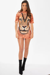 Orange Graphic Print Lace Up T-shirt Dress - Brody