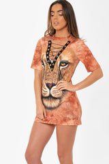Orange Graphic Print Lace Up T-shirt Dress - Brody