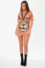 Orange Graphic Print Lace Up T-shirt Dress - Brody