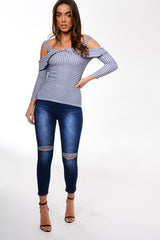 Blue Cut Shoulder Checked Top - Lucie
