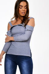Blue Cut Shoulder Checked Top - Lucie