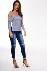 Blue Cut Shoulder Checked Top - Lucie