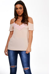 Nude Cold Shoulder Lace Detail Top - Darina