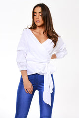 White Ruffle Sleeve Wrapover Top - Susie