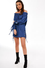 Dark Blue Denim Bardot Mini Dress - Elisha