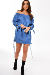 Light Blue Denim Bardot Mini Dress - Elisha