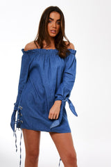 Light Blue Denim Bardot Mini Dress - Elisha