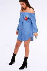 Denim Bardot Embroidered Mini Dress - Lena