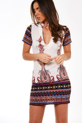 White Paisley Choker Neck Dress - June
