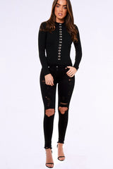 Black High Neck Eyelet Detail Bodysuit - Maddison
